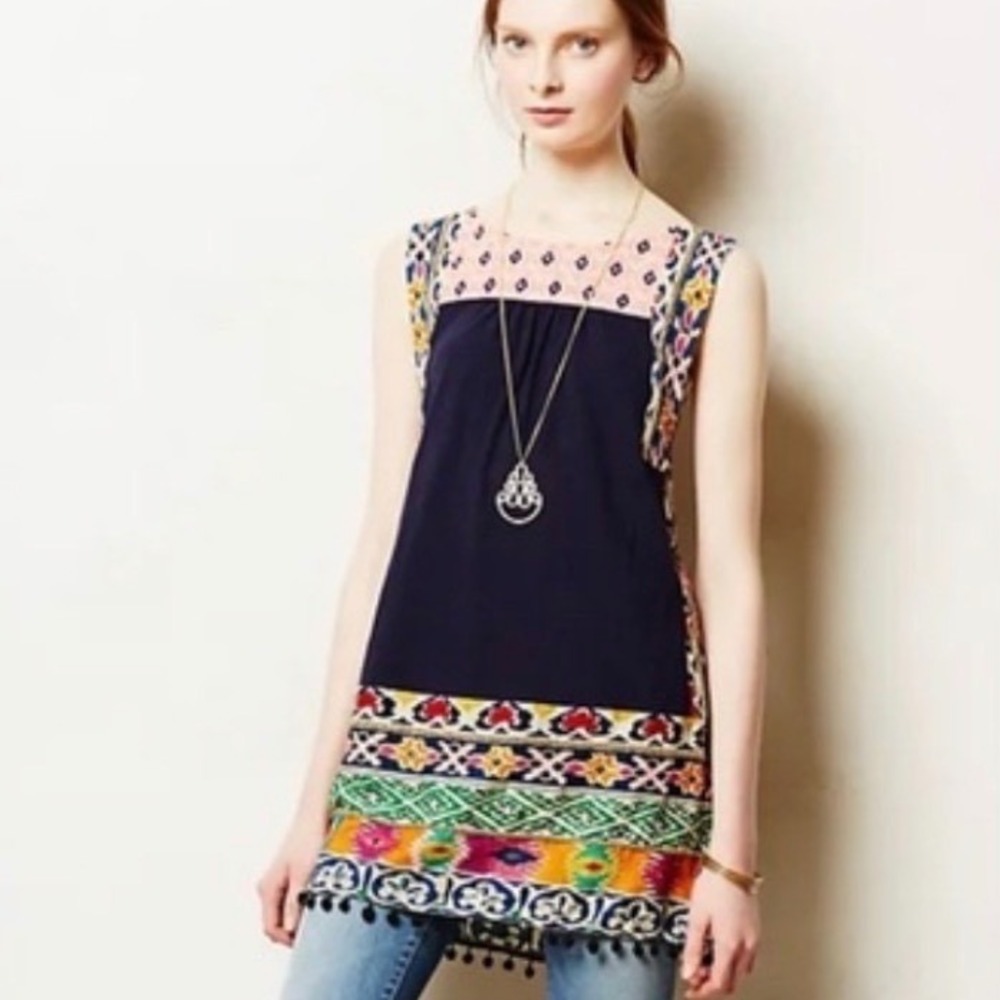 Akemi + Kin Anthropologie Navy Embroidered Boho Pom Pom Shift Dress Women Medium